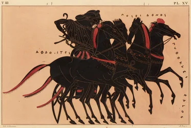 A díszítés lenyomata egy görög amforán, amelyen látható, hogy Aphrodité Poszeidónt vezeti egy szekéren, kb. 1858 (akvarell és testfesték litó fölött, szőtt papíron)