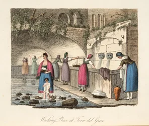 Mosóhely Torre del Grecóban, az olasz tájból, amely Olaszország különböző államainak szokásait, szokásait és szórakozásait képviseli, pub. 1806 (kézzel színezett metszet)