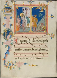 Kéziratos levél Szent Bertalan mártíromságával, egy Laudario-ból, kb. 1340.