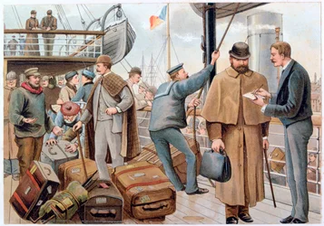 Utasok csatlakoznak egy P&O hajóhoz a Temzében, 1890.
