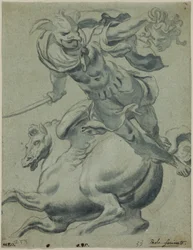 Perseus tartja a Medúza fejét, háttérben Pegazusszal