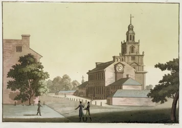 Independence Hall, Philadelphia, Pennsylvania, a „Le Costume Ancien et Moderne” I. kötetből, 41. lemez, Jules Ferrario, az 1820-as és 30-as évek körül megjelent (színes metszet)