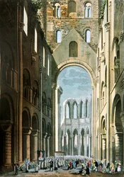 Felvonulás a Jumieges-i apátság hajójában, Jules Ferrario „Le Costume Ancien et Moderne” című művéből, az 1820-as és 30-as évek körül megjelent (színes litó)