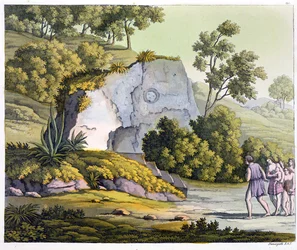 Napszentély, Peru, a „Le Costume Ancien et Moderne” II. kötetből, 20. tábla, Jules Ferrario, megjelent az 1820-as és 30-as évek körül (színes metszet)