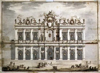 Homlokzat kialakítása, valószínűleg az 1766-os „Festa della Chinea”-hoz (toll és barna tinta és papírmosás)