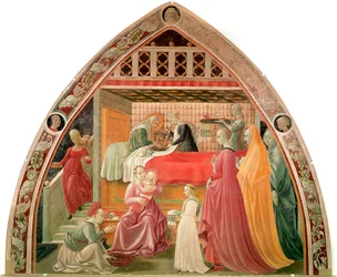 A Szűz születése. A bábák vigyáznak az újdonsültre, miközben egy szolgáló mossa meg a Szűzanya kezét. Paolo Uccello festménye (Paolo di Dono detto