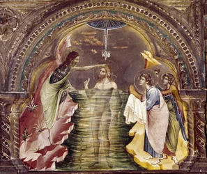 Jézus megkeresztelkedése, a Santa Chiara poliptikus részlete. (olaj, fa, 1350 körül)