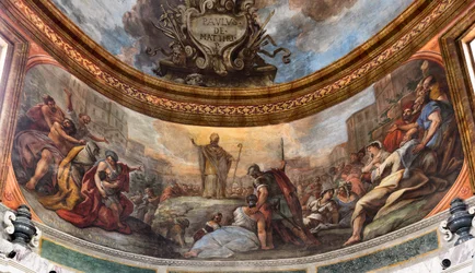 Paolo de Matteis 1714-ben készült freskói a boltozaton és a dobon, amelyek a Szent életét ábrázolják, San Cataldo kápolna a székesegyházban, Taranto, Olaszország (fotó).