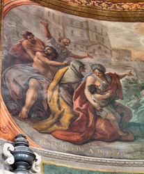 Paolo de Matteis 1714-ben készült freskói a boltozaton és a dobon, amelyek a Szent életét ábrázolják, San Cataldo kápolna a székesegyházban, Taranto, Olaszország (fotó).
