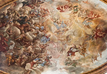 Paolo de Matteis 1714-ben készült freskói a boltozaton és a dobon, amelyek a Szent életét ábrázolják, San Cataldo kápolna a székesegyházban, Taranto, Olaszország (fotó).