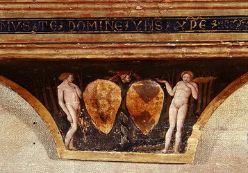 Ádám és Éva, Az alázatosság szűze angyalokkal és szentekkel, 1440 körül (tempera arannyal a panelen) (részlet)