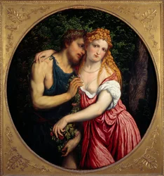 Daphnis és Chloe. Egy pár mitológiai ábrázolása. Paris Bordon vagy Bordone festménye (1500-1571)