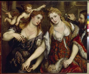 Flóra, Vénusz, Mars és Ámor (Flora, Venus, Mars és Cupido). Paris Bordone festménye (1500-1571), olaj, vászon, 1550 körül. Olasz művészet (Velence)