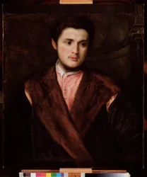 Szőrmekabátot viselő fiatal férfi portréja Paris Bordon festménye (1500-1571) 16. század Mérete 75x64 cm Genes Musei di Strada Nuova (ex Palazzo Rosso)