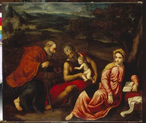 Pihenjen az egyiptomi repülésen. Paris Bordone festménye (1500-1571), olaj, vászon