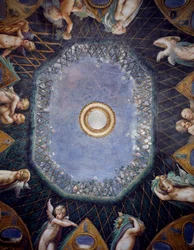 Putti és égbolt pillantása, 1524 körül, Francesco Mazzola, Parmigianino (1503-1540), freskó, Diana és Actaeon termének boltozata, Rocca Sanvitale, Fontanellato, Parma közelében, Emilia-Romagna, Detail, Olaszország