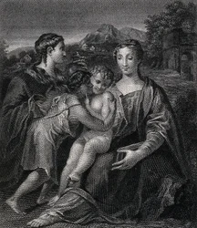 Szűz Mária (a Boldogságos Szűz) a gyermek Jézussal, Keresztelő Szent Jánossal és Szent Mária Magdolnával. Metszet G.F.M. Mazzola, il Parmigianino után.