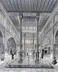 Az iszfaháni Chahar Bagh palota belseje a „Voyage Pittoresque of Persia”-ból, Claude Sauvageot (1832-85) és Jean Charles Huguet (szül. 1815) metszete, Lemercier, Párizs.