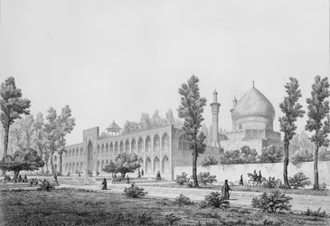 Madrasa-yi Masjid-i Shah Sultan Hussein, Iszfahánban, a „Voyage Pittoresque of Persia”-ból, Claude Sauvageot (1832-85) metszete, Lemercier, Párizs, 1856