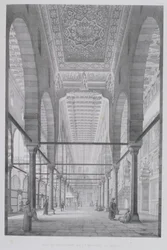 Kilátás a Moyed-mecset szentélyére, 29. tábla a „Kairói műemlékek és épületek” című művéből, Auguste Hibon (1780-1857) metszettje, 1829