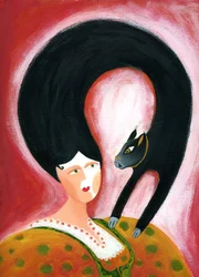 Strega del Tchesal (Chiesale): boszorkány, aki macskává változik, hogy kémkedjen az emberek után. Patrizia La Porta illusztrációja.