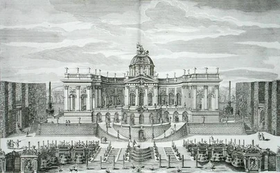 The Great Grotto and the Fountain Garden at the Princely Pleasure Palace and Gardens, Berlin, metszett Johann August Corvinus (1683-1738), kiadva 1711-16 körül (metszet)