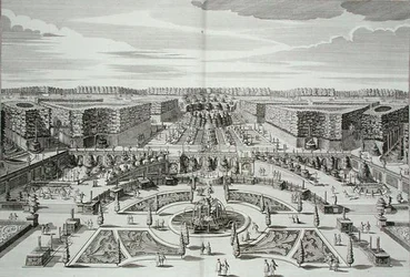 A berlini hercegi kastély és kert nagy kaszkádja, Karl Remshard (1678-1735) metszete, megjelent 1711-16 körül (metszet).
