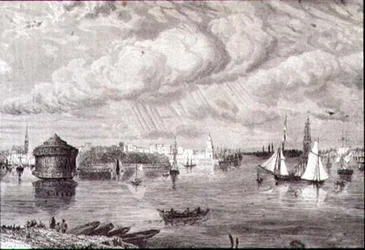 New York-i kikötő az 1860-as években (metszet)