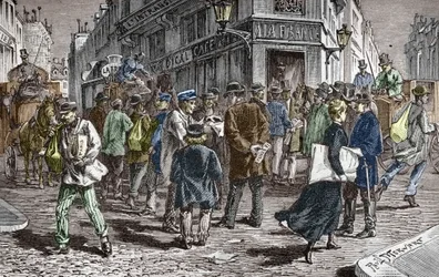 Kilátás a párizsi Rue du Croissant-ra, számos újság székhelye