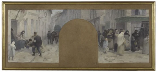 Vázlat a párizsi városháza, a prefektus irodája számára: Sebesültek szállítása a mentőhelyre. Sorok egy üzlet előtt Párizs 1870-es ostroma idején