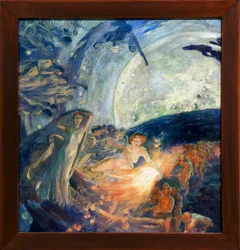 Az igazság rántja a Tudományokat, hogy megvilágítsa az emberiséget (A Tudományokat kiképző Igazság követi, megbánja fényét az embereken). Albert Besnard (1849-1934) festménye - Az igazság, amit a tudomány követ, és fényt hoz az emberiségnek - Musee des Bea