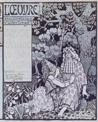 A varázsló Merlin és a tündér Vivien a broceliande-i erdőben, a „Broceliande”-ból, Jean Lorrain (1855-1906) drámája 1900 körül (fametszet)