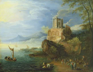 Tengerpart a Vesta templommal (olaj a panelen)