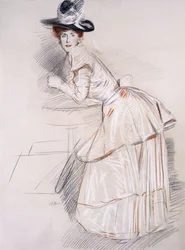 Madame Helleu portréja asztalra támaszkodva,