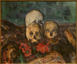 Három bőr egy keleti szőnyegen Paul Cezanne festménye (1839-1906) 1898 Solothurn. Kunstmuseum. - Három koponya egy keleti szőnyegen. Paul Cezanne (1839-1906) festménye