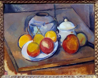 Váza szalma, cukortartó és alma Paul Cezanne festménye