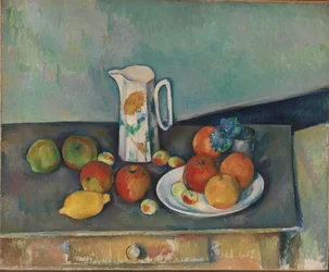 Francia: Nature morte, pot à lait et fruits sur une table Csendélet tejeskannával és gyümölcsökkel az asztalon (Nature morte, pot à lait et fruits sur une table)