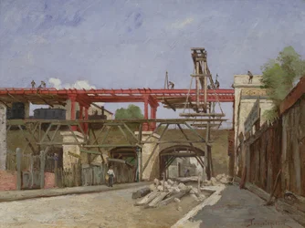 Munkavállalók a körgyűrű vasúti sínek emelésében a Rue de la Voute hídon, Párizs, 1888