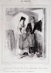 2 szegény nő beszélget a lépcsőn a férfiakról, „Les Lorettes”, Gavarni, c. 1840.