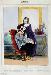 Egy anya hajcsavarót rak a fiára. Paul Gavarni (1804-1866) rajzfilmje 19. századi Párizs, díszítőművészet