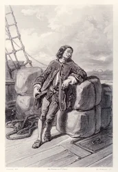 Lemuel Gulliver kapitány a tengeren a kereskedelmi hajóján, a Gullivers Travels francia kiadásából, Jonathan Swifttől