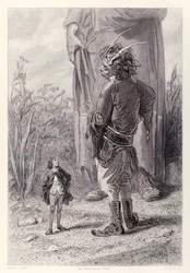 Gulliver találkozik a Queens 30 láb magas törpével, aki örül, hogy valaki nála kisebbet is kínozhat a bíróságon – a Gullivers Travels francia kiadásából, Jonathan Swifttől