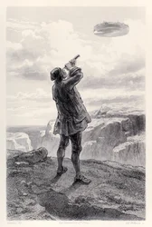 Gulliver először látja a repülő Laputa szigetét, és távcsövén át vizsgálja, Jonathan Swift Gulliver utazásai című művének francia kiadásából