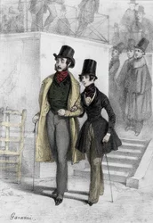 George Sand (1804-1876) írónő, Aurore Dupin, Dudevant báróné portréja, párizsi diákként, fiúruhába öltözve. Paul Gavarni (1804-1866) rajza