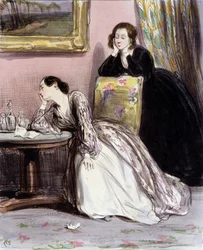 Két nő beszélget a szerelmesekről, „Fourreries de femmes”, Gavarni, c. 1840.