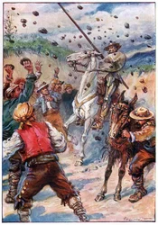 Kőzáporral dobálták meg Don Quijotét, a G. Bell & Sons, Ltd. által kiadott „Don Quijote kalandjai” című illusztrációja.