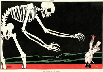 A császár és a halál. Első világháború 1914-1918: II. Vilmos (1859-1941) vértengerben, egy csontváz fenyegetésében. A mechanisztikus és gúnyos német ostobaságot kiemelő karikatúra, amely így a franciák háború alatti morálját támogatja. Az s rajza