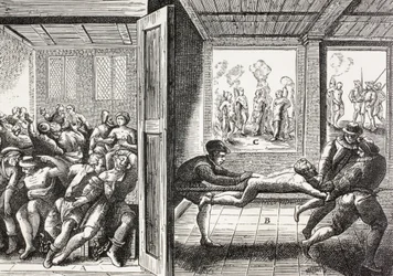 16. századi propaganda, amely a francia hugenották erőszakos fellépését mutatja be a dél-franciaországi katolikusok ellen.