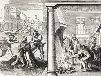 16. századi propaganda, amely a francia hugenották katolikusok elleni erőszakát szemlélteti.