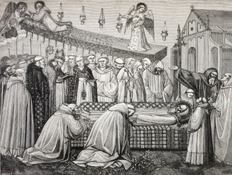 Nursiai Szent Benedek vagy San Benedetto Da Norcia halála, 480-547, a Monte Cassino-i apátságban.